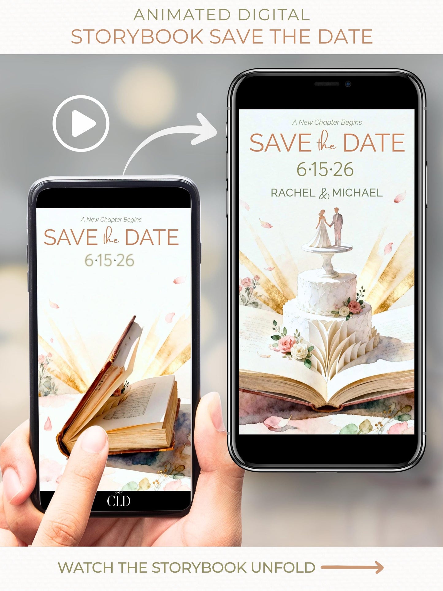 Animated storybook wedding save the date shown on a smartphone, featuring a watercolor book opening to reveal a wedding cake with bride and groom topper, soft neutral florals, and elegant typography.