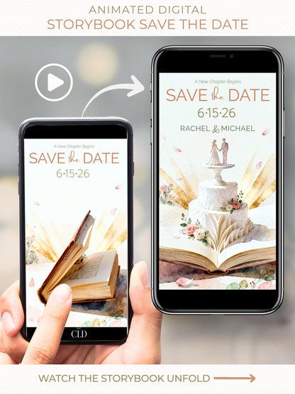Animated storybook wedding save the date shown on a smartphone, featuring a watercolor book opening to reveal a wedding cake with bride and groom topper, soft neutral florals, and elegant typography.