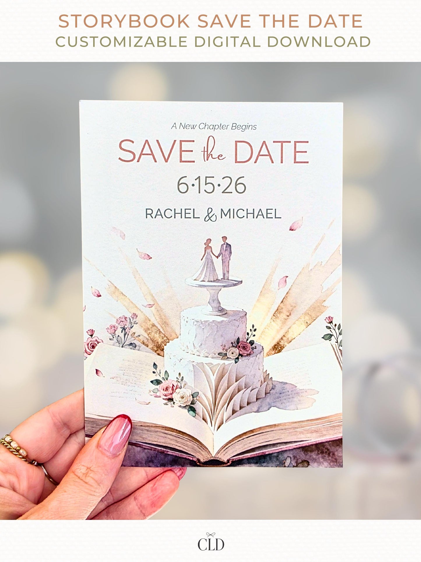 Printable storybook wedding save the date card featuring a watercolor open book with a wedding cake and bride and groom topper, soft neutral florals, and elegant typography, shown as a customizable digital download.