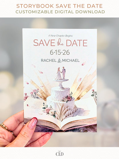 Printable storybook wedding save the date card featuring a watercolor open book with a wedding cake and bride and groom topper, soft neutral florals, and elegant typography, shown as a customizable digital download.