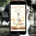 Animated storybook save the date video displayed on a phone showing a vintage book opening to reveal a wedding cake with a bride and groom topper and romantic watercolor details.