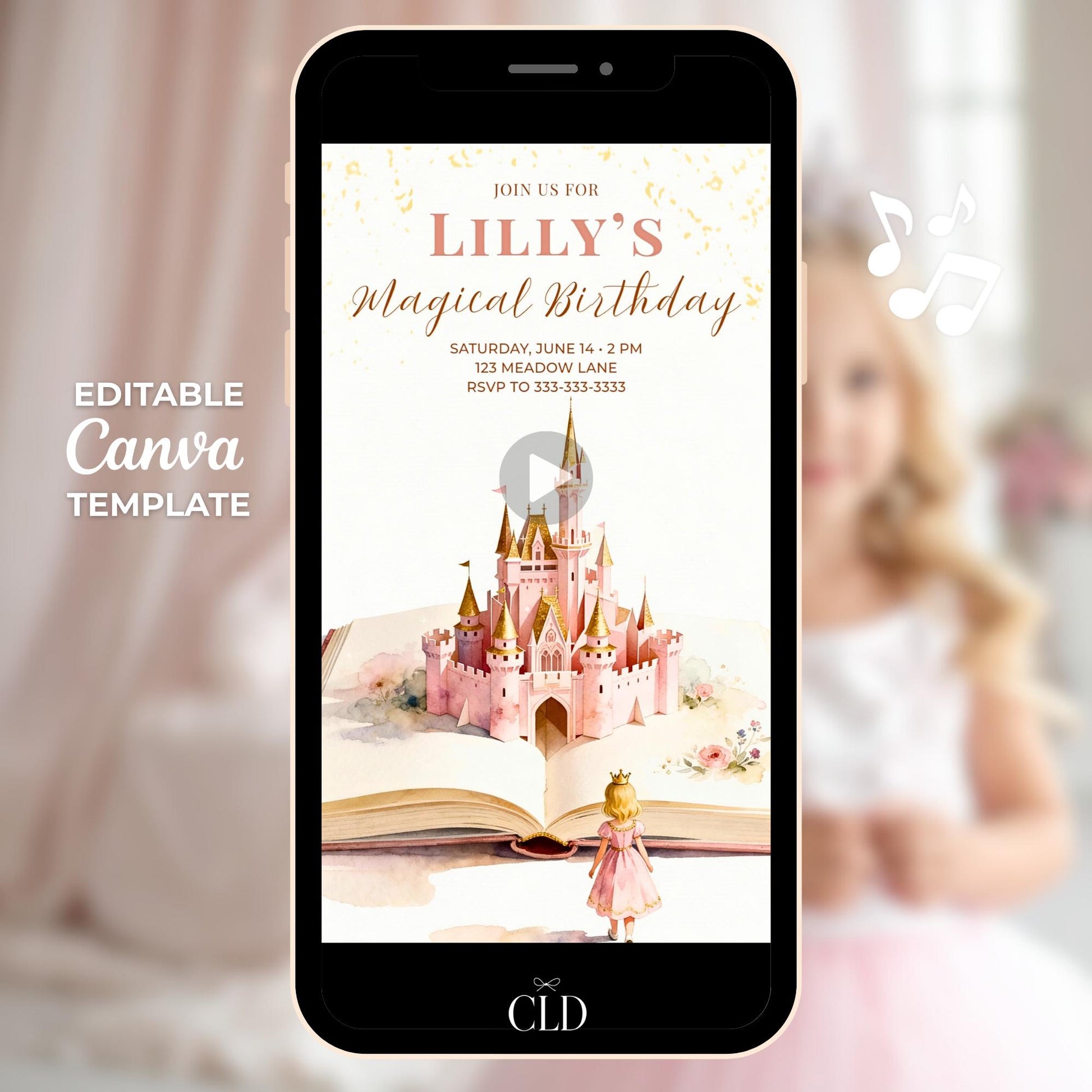 Animated princess birthday invitation displayed on a smartphone showing a blonde princess looking toward a pink castle rising from an open storybook, editable Canva digital evite template.