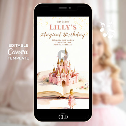 Animated princess birthday invitation displayed on a smartphone showing a blonde princess looking toward a pink castle rising from an open storybook, editable Canva digital evite template.