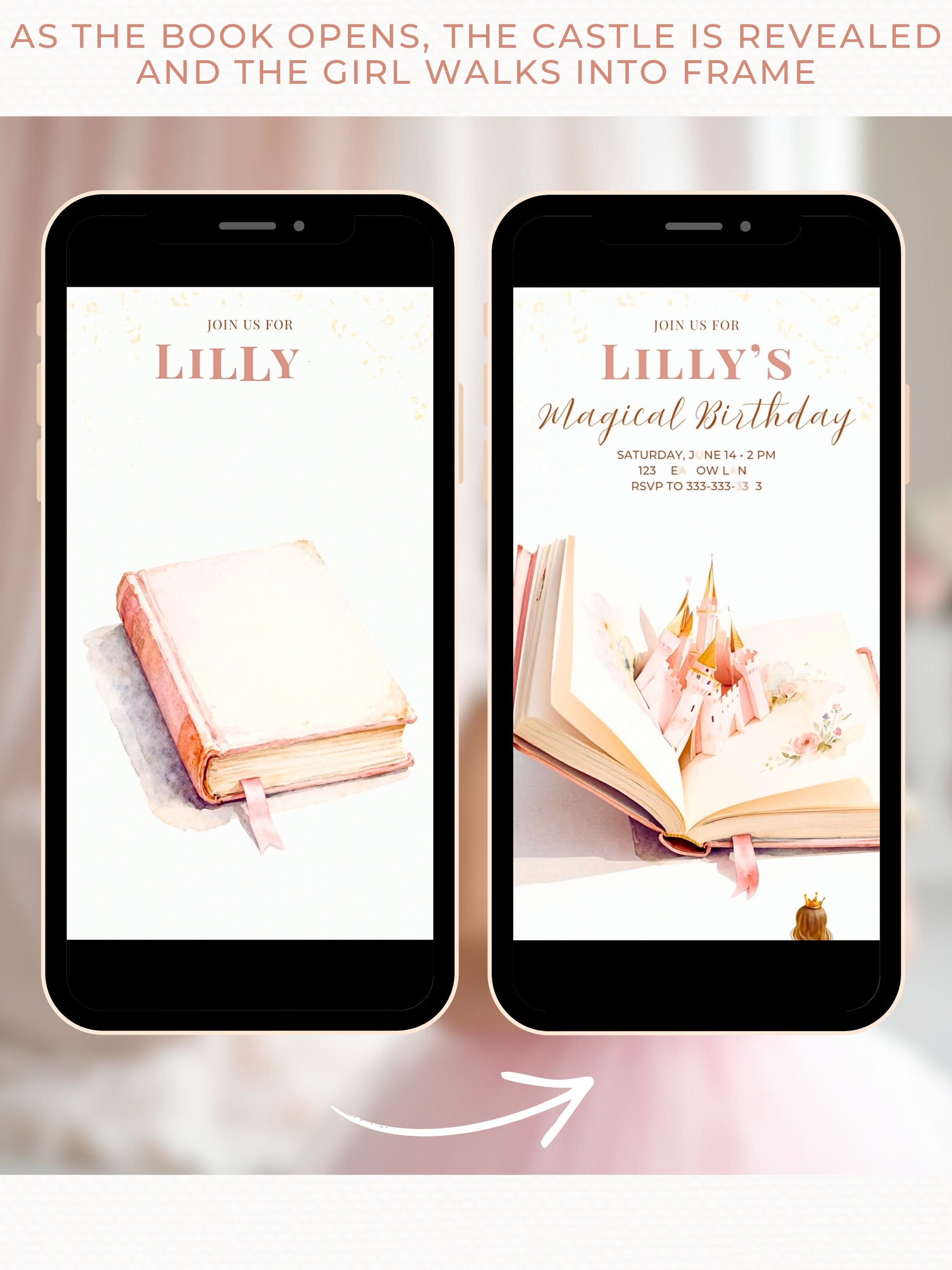 Animated Blonde Princess Birthday Evite - Custom Storybook Castle Video Invitation - Magical Girl Digital Invite Canva Template