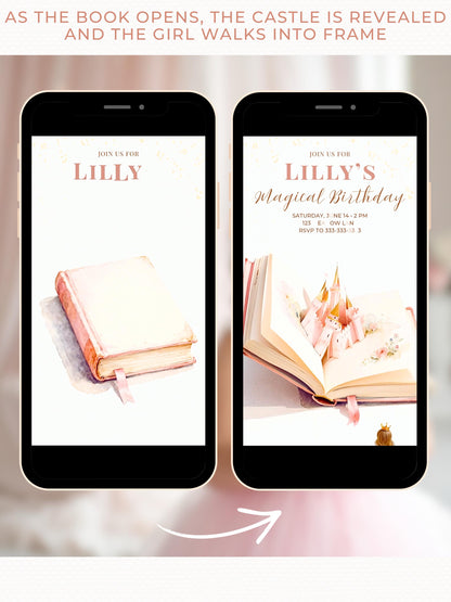 Animated Blonde Princess Birthday Evite - Custom Storybook Castle Video Invitation - Magical Girl Digital Invite Canva Template