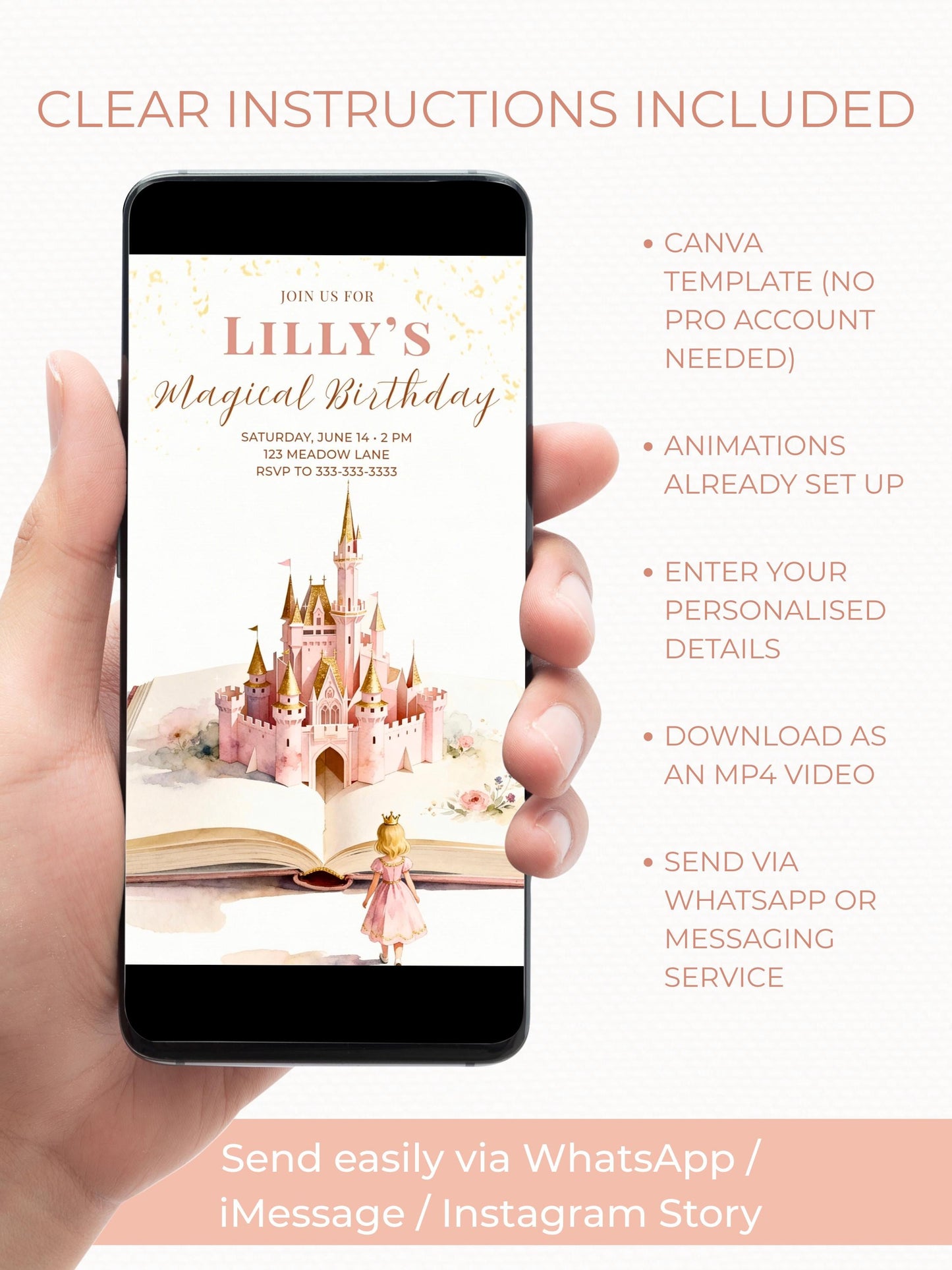 Animated Blonde Princess Birthday Evite - Custom Storybook Castle Video Invitation - Magical Girl Digital Invite Canva Template