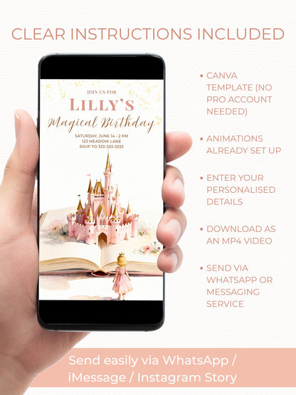 Animated Blonde Princess Birthday Evite - Custom Storybook Castle Video Invitation - Magical Girl Digital Invite Canva Template
