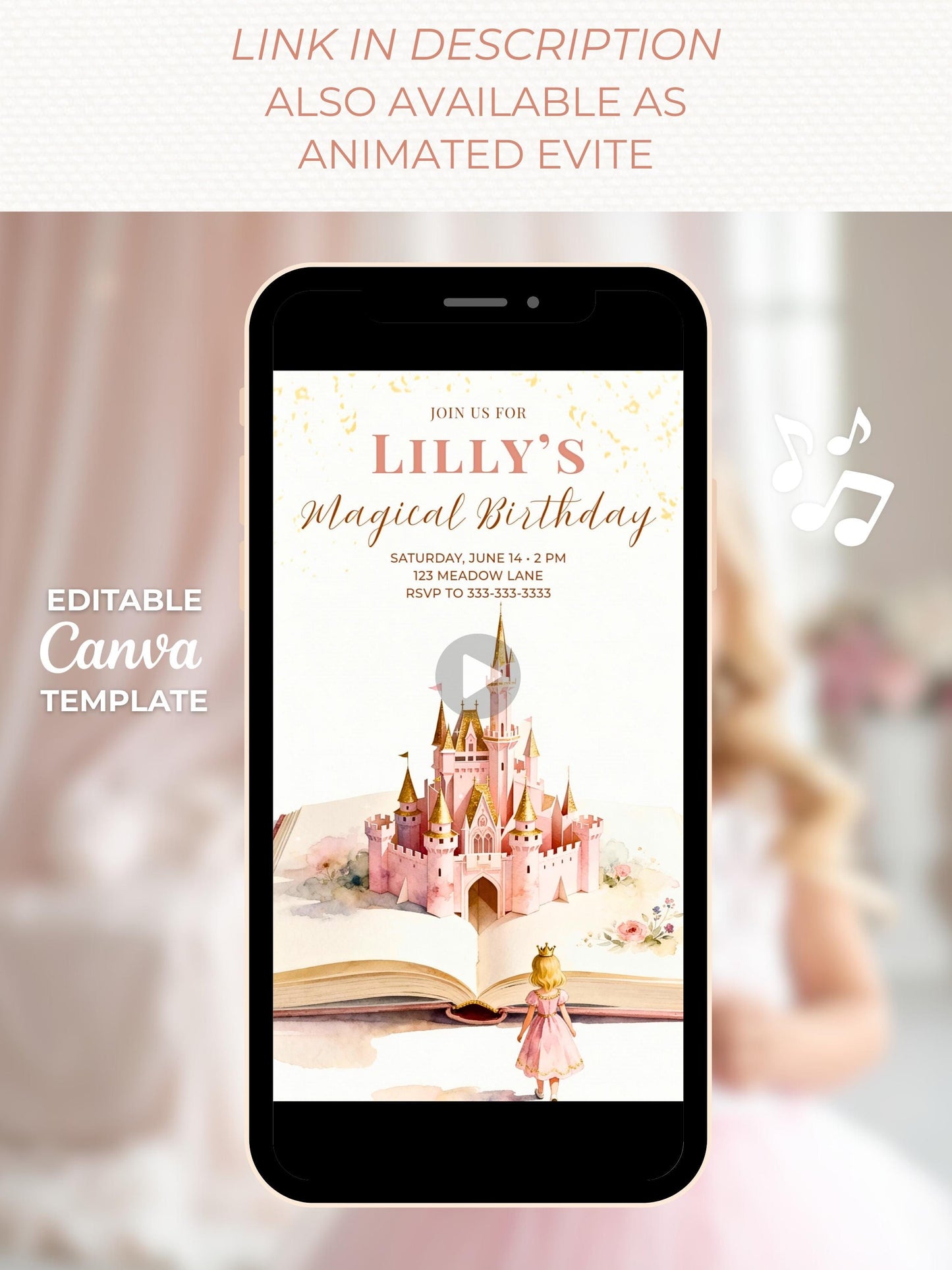 Printable Blonde Princess Birthday Invitation - Custom Storybook Castle Girls Party Invite (Instant Download Editable Canva Template)