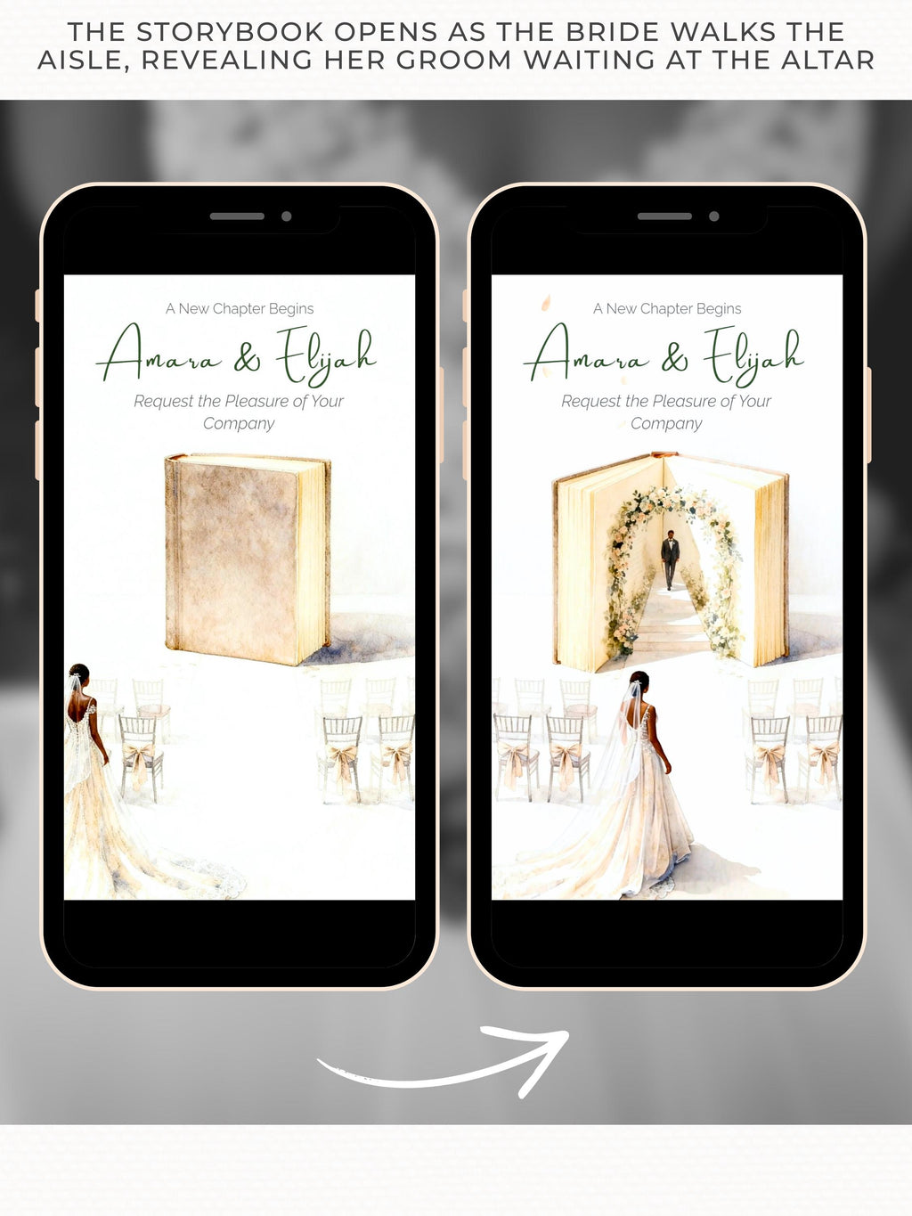 Animated Storybook Wedding Invitation Video, Romantic Book Opening Aisle Scene with Illustrated Couple, Editable Canva Evite