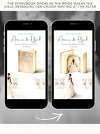 Animated Storybook Wedding Invitation Video, Romantic Book Opening Aisle Scene with Illustrated Couple, Editable Canva Evite
