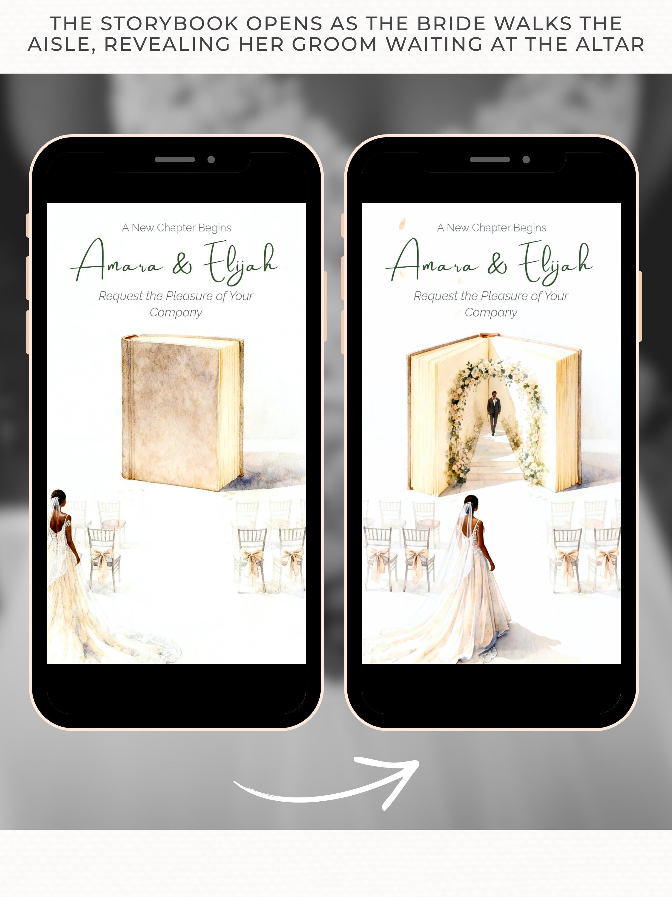 Animated Storybook Wedding Invitation Video, Romantic Book Opening Aisle Scene with Illustrated Couple, Editable Canva Evite