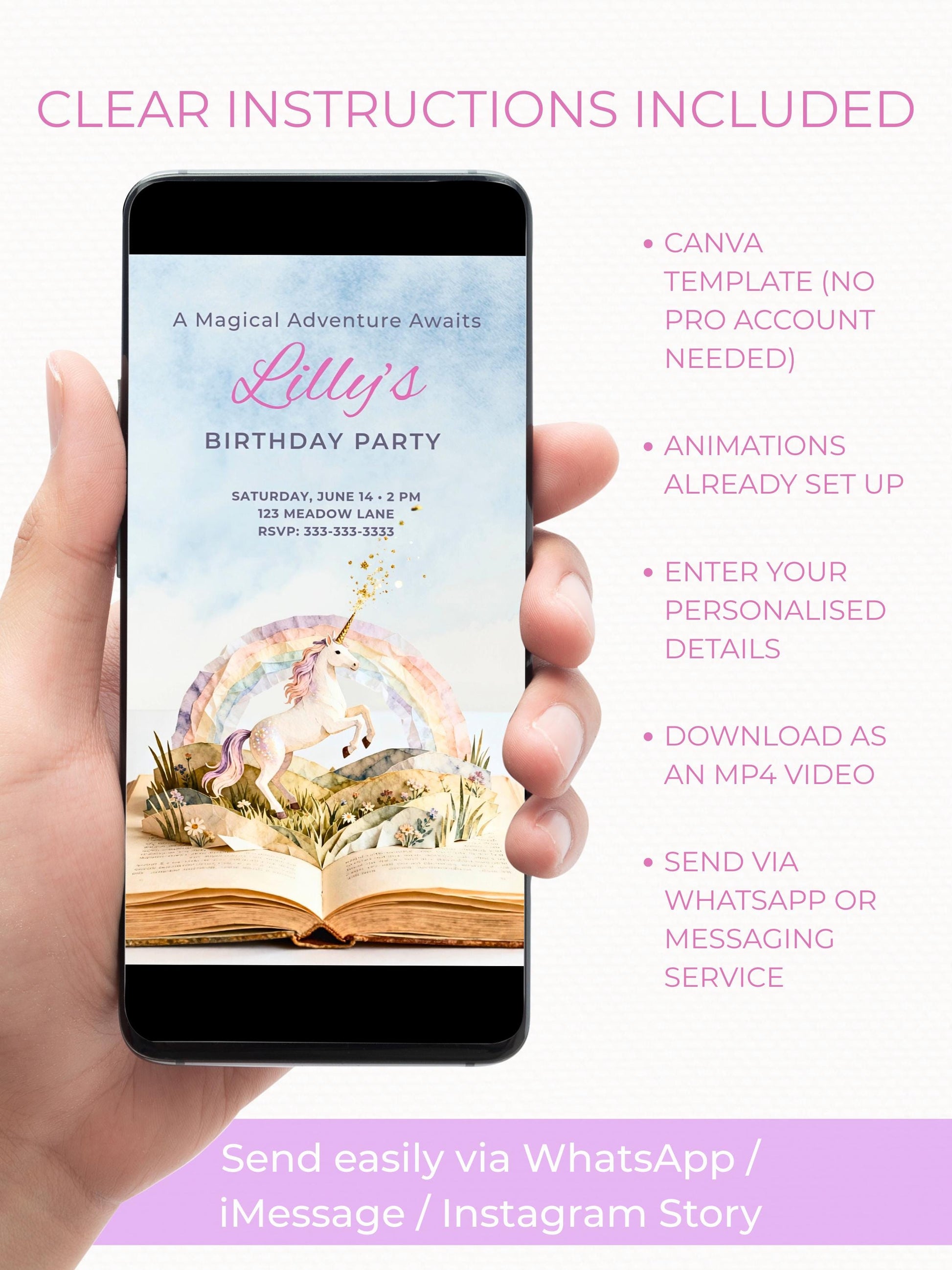 Animated Unicorn Birthday Evite - Custom Storybook Magical Rainbow Party Invitation (Instant Download Editable Canva Digital Invite)