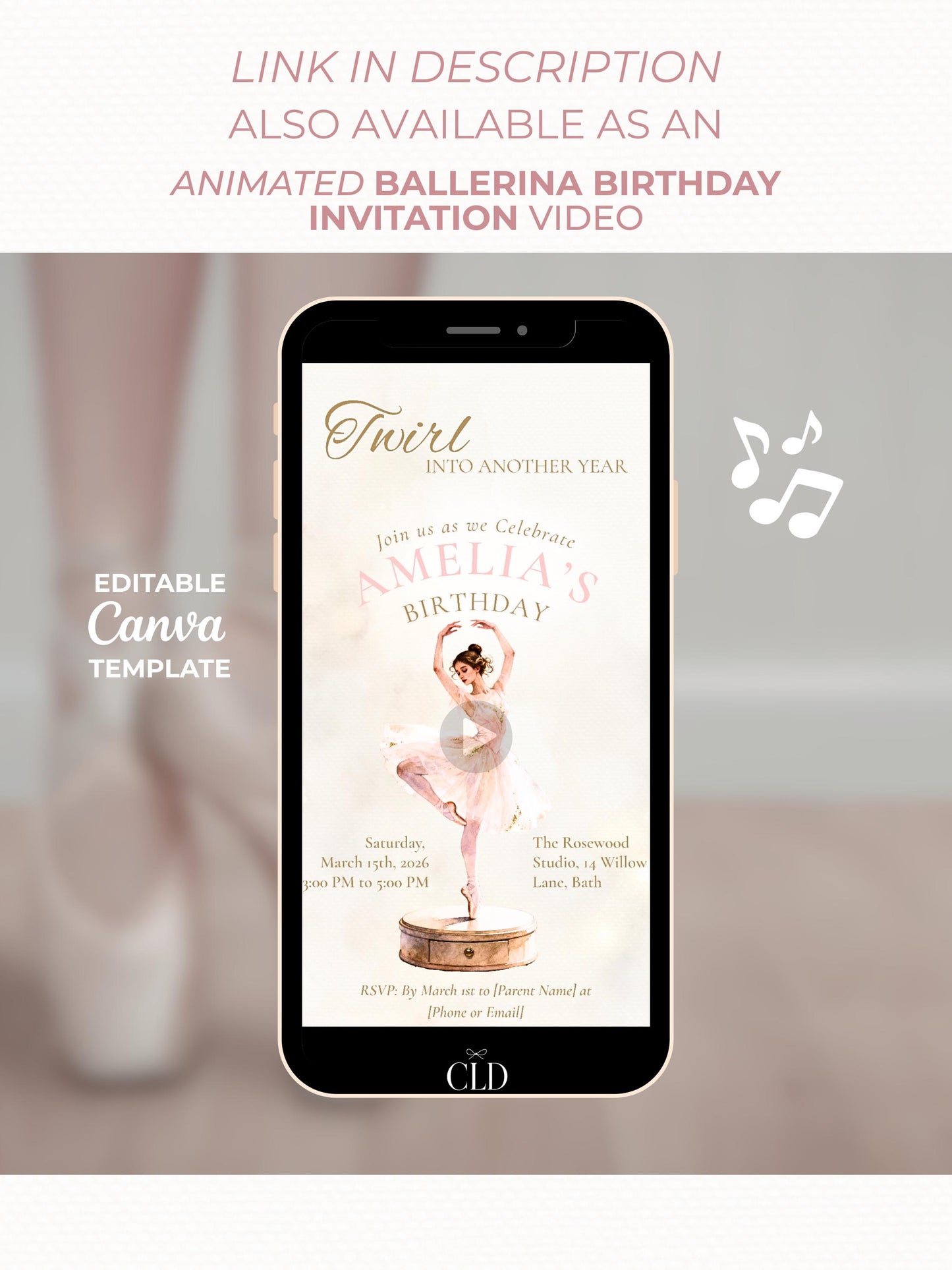 Ballerina Birthday Invitation-Dance Kids Party Invite (Custom Instant Download Canva Template) Elegant Music Box Ballet Girl Evite