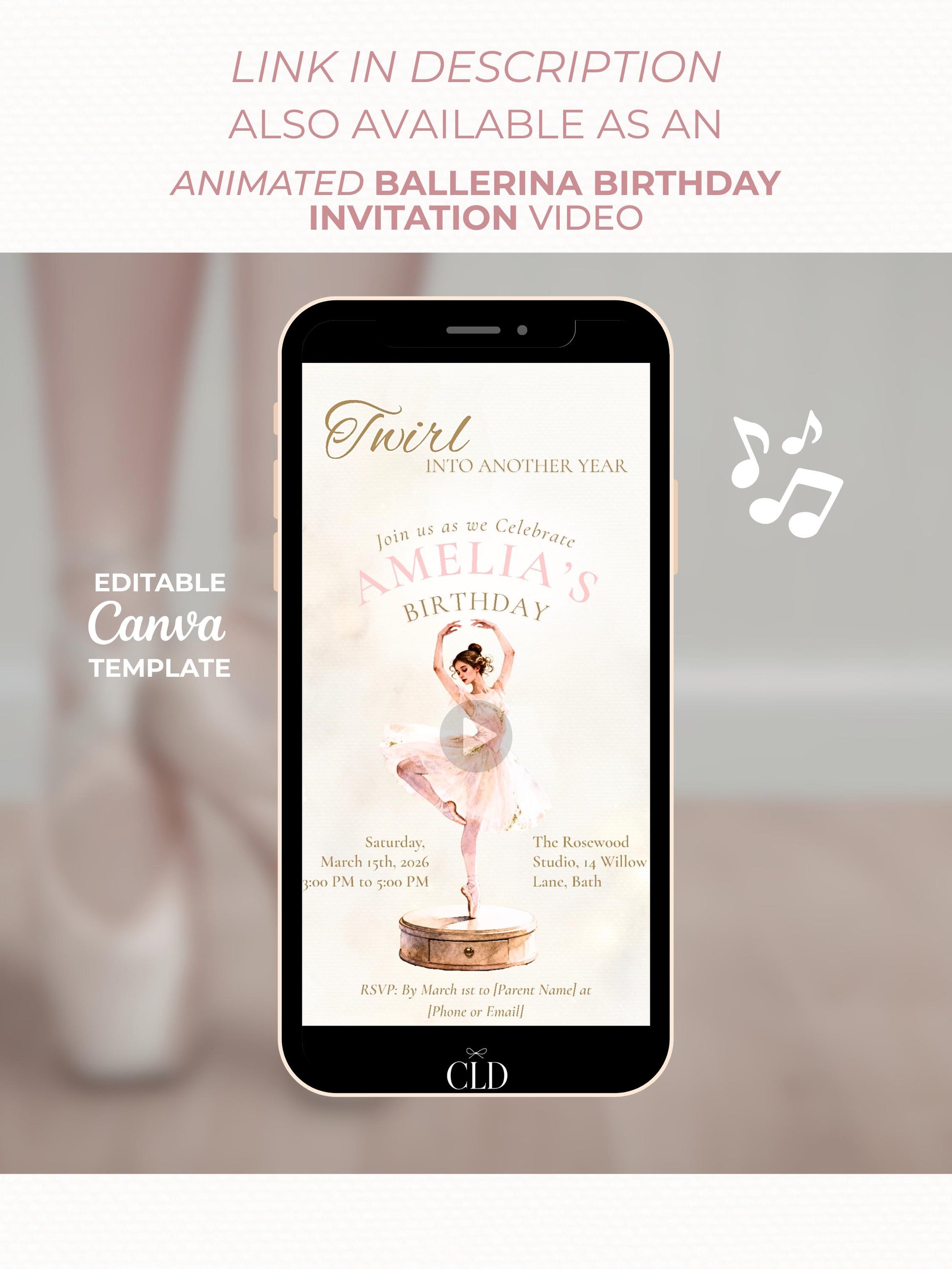 Ballerina Birthday Invitation-Dance Kids Party Invite (Custom Instant Download Canva Template) Elegant Music Box Ballet Girl Evite
