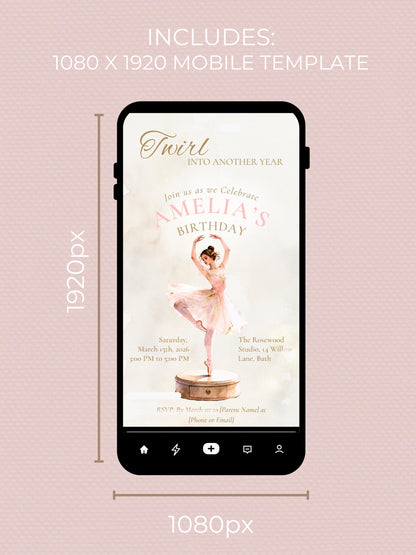 Ballerina Birthday Invitation-Dance Kids Party Invite (Custom Instant Download Canva Template) Elegant Music Box Ballet Girl Evite