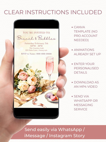 Animated Brunch and Bubbles Invitation - Ladies Lunch Evite (Custom Instant Download Editable Canva Template) Girl's Party Video