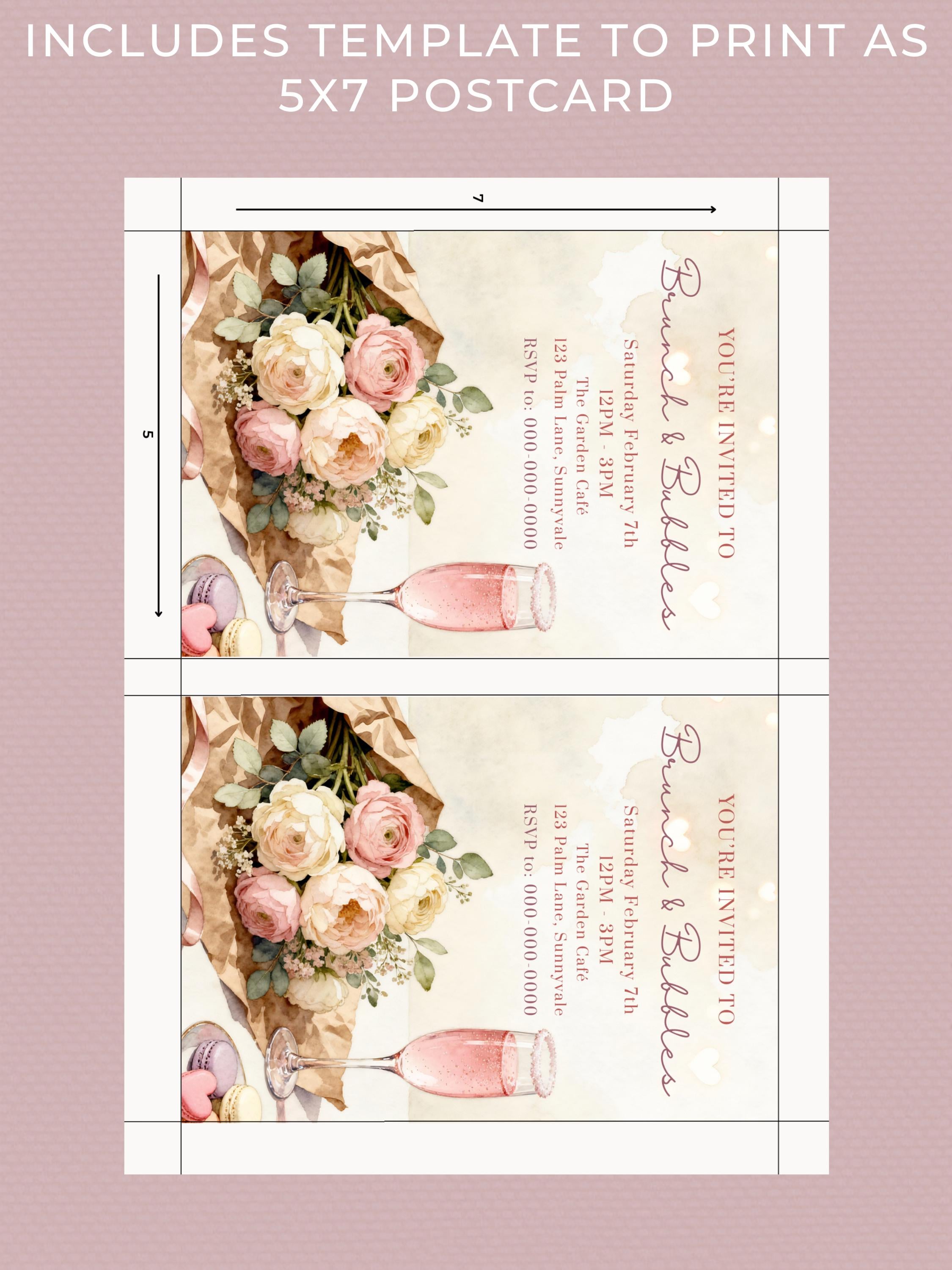 Printable Brunch & Bubbles Invitation - Custom Pink Floral Lunch Invite (Instant Download Editable Canva Template Evite)