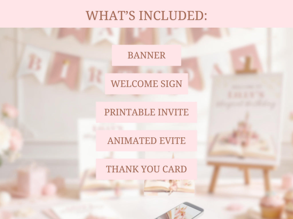 Princess Birthday Party Bundle Canva Template - Animated Evite, Printable Invitation, Welcome Sign, Banner & Thank You Card