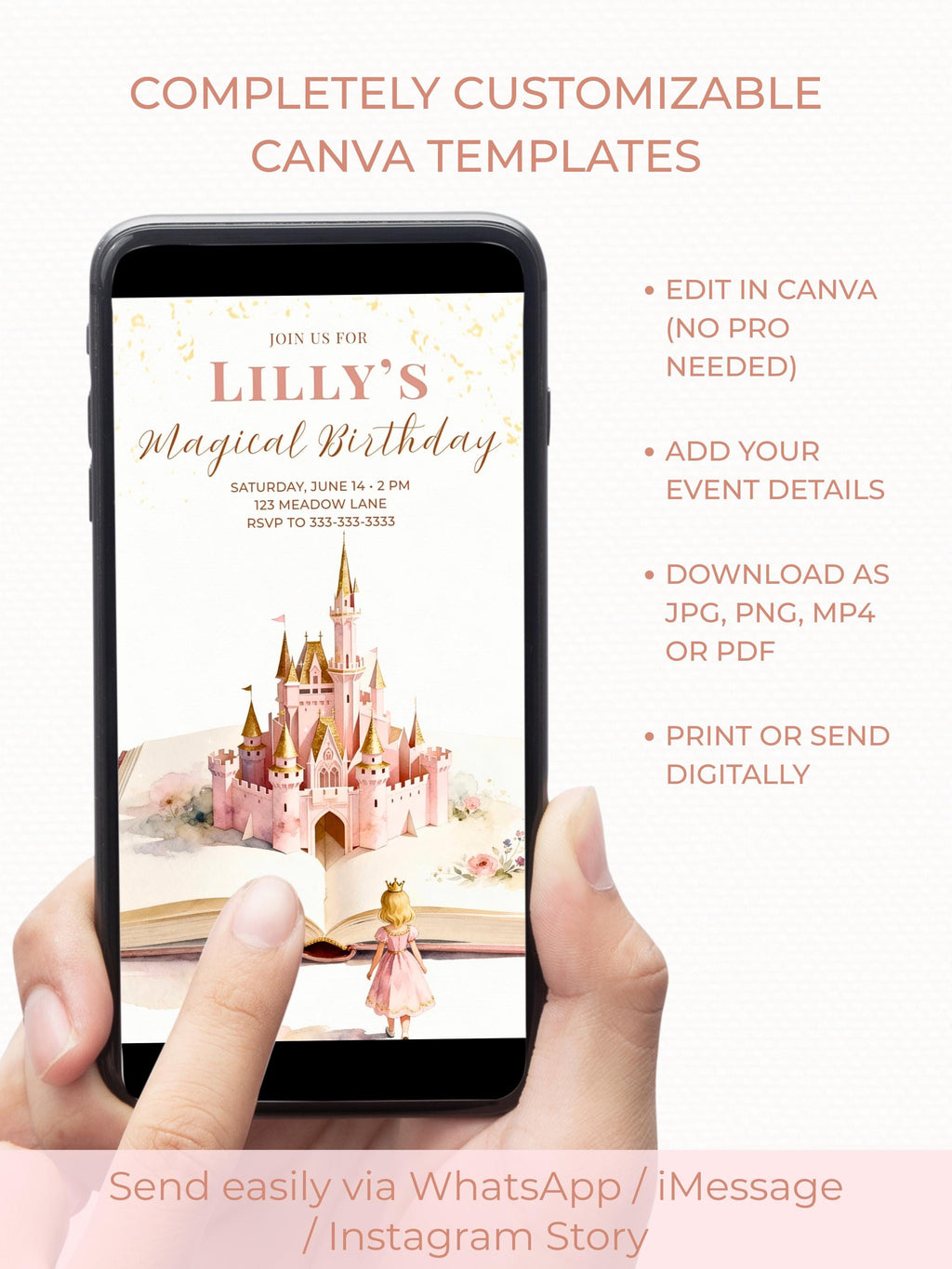 Princess Birthday Party Bundle Canva Template - Animated Evite, Printable Invitation, Welcome Sign, Banner & Thank You Card