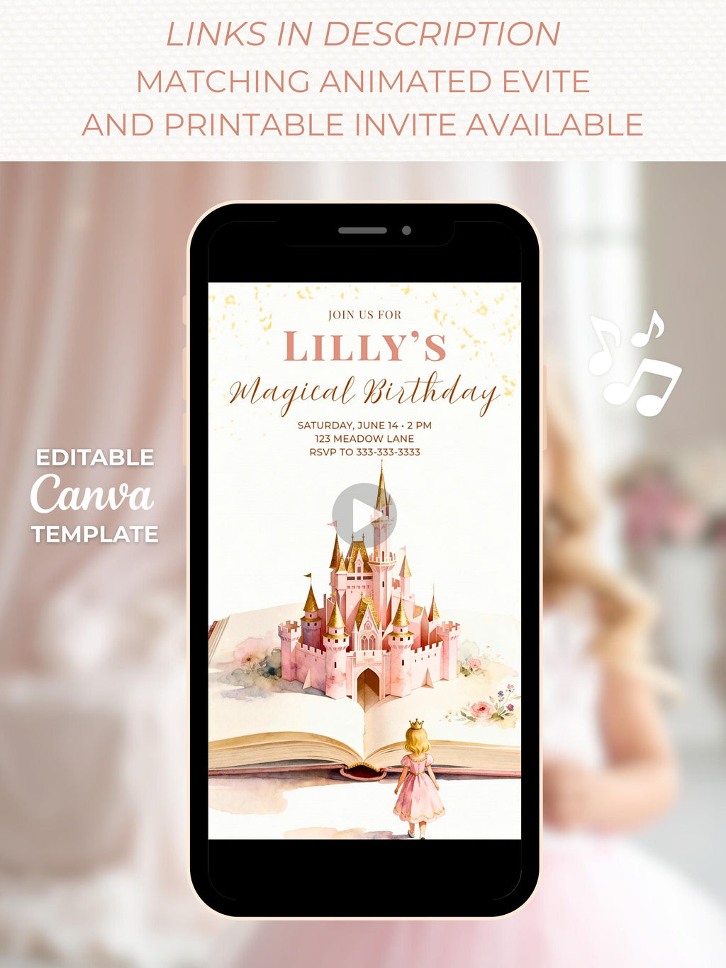 Princess Birthday Thank You Party Card (Instant Download Editable Canva Template) Printable Mobile Blonde Girl Magical Castle Storybook
