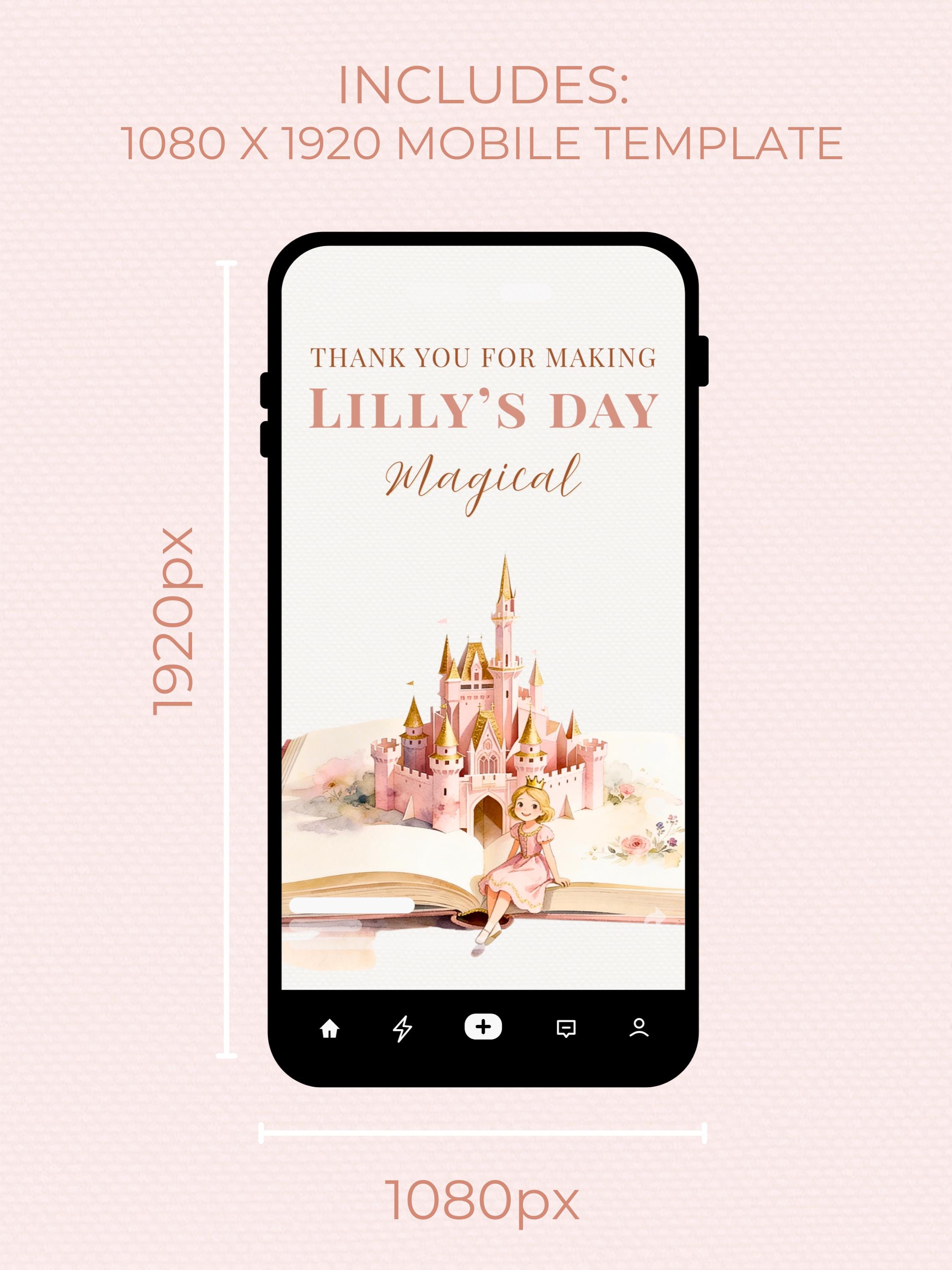 Princess Birthday Thank You Party Card (Instant Download Editable Canva Template) Printable Mobile Blonde Girl Magical Castle Storybook