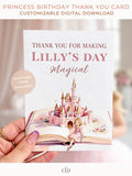 Princess birthday thank you card Canva template with watercolor storybook castle and little princess illustration held in hand, editable printable digital download