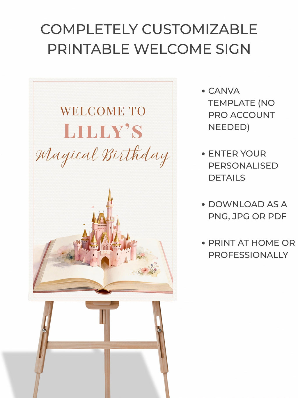 Princess Birthday Welcome Sign (Instant Download Editable Canva Template) - Printable Storybook Fairytale Magical Castle Girl Party Decor