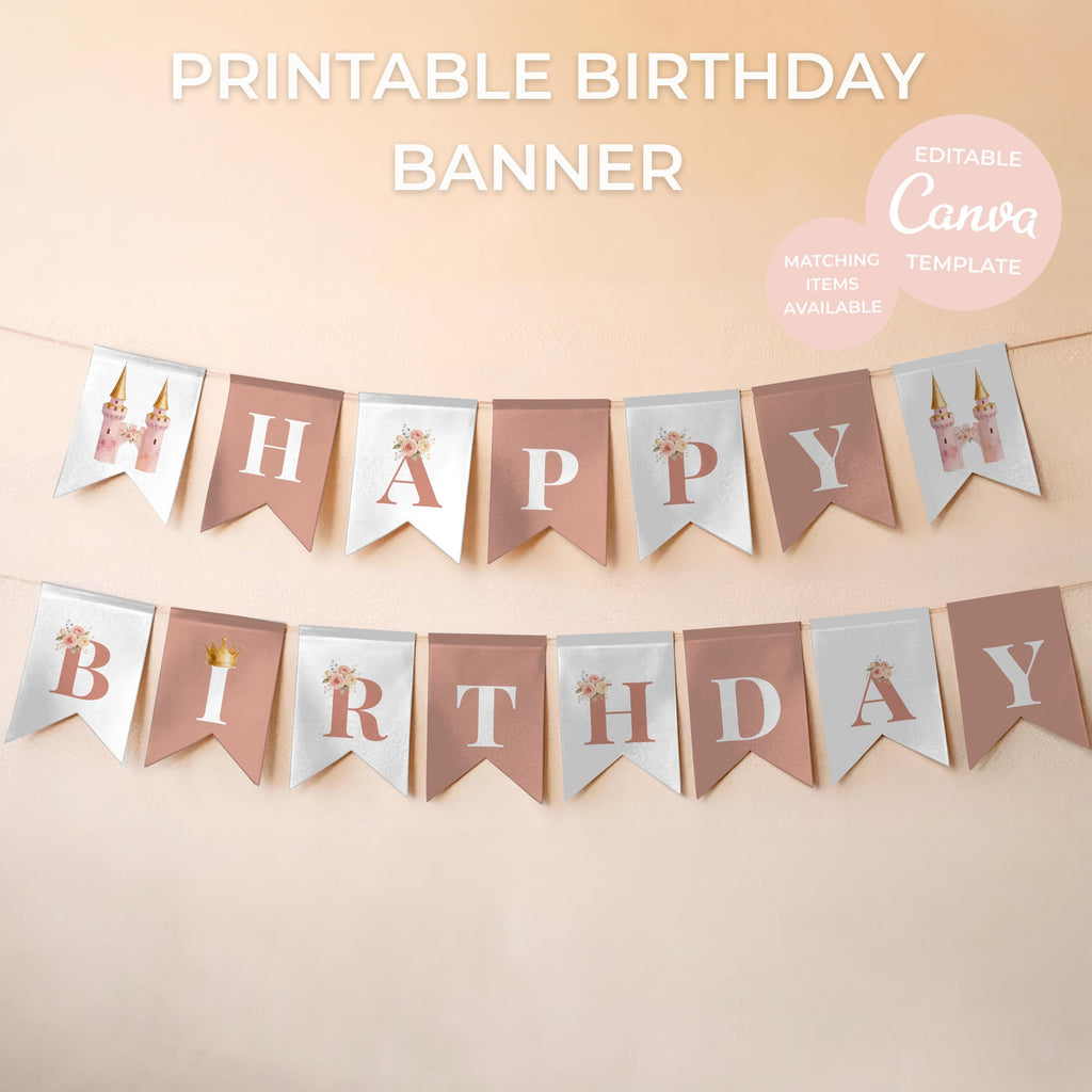 Printable princess birthday banner template with pink and blush watercolor castle flags spelling Happy Birthday, editable Canva party decoration