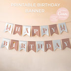 Printable princess birthday banner template with pink and blush watercolor castle flags spelling Happy Birthday, editable Canva party decoration