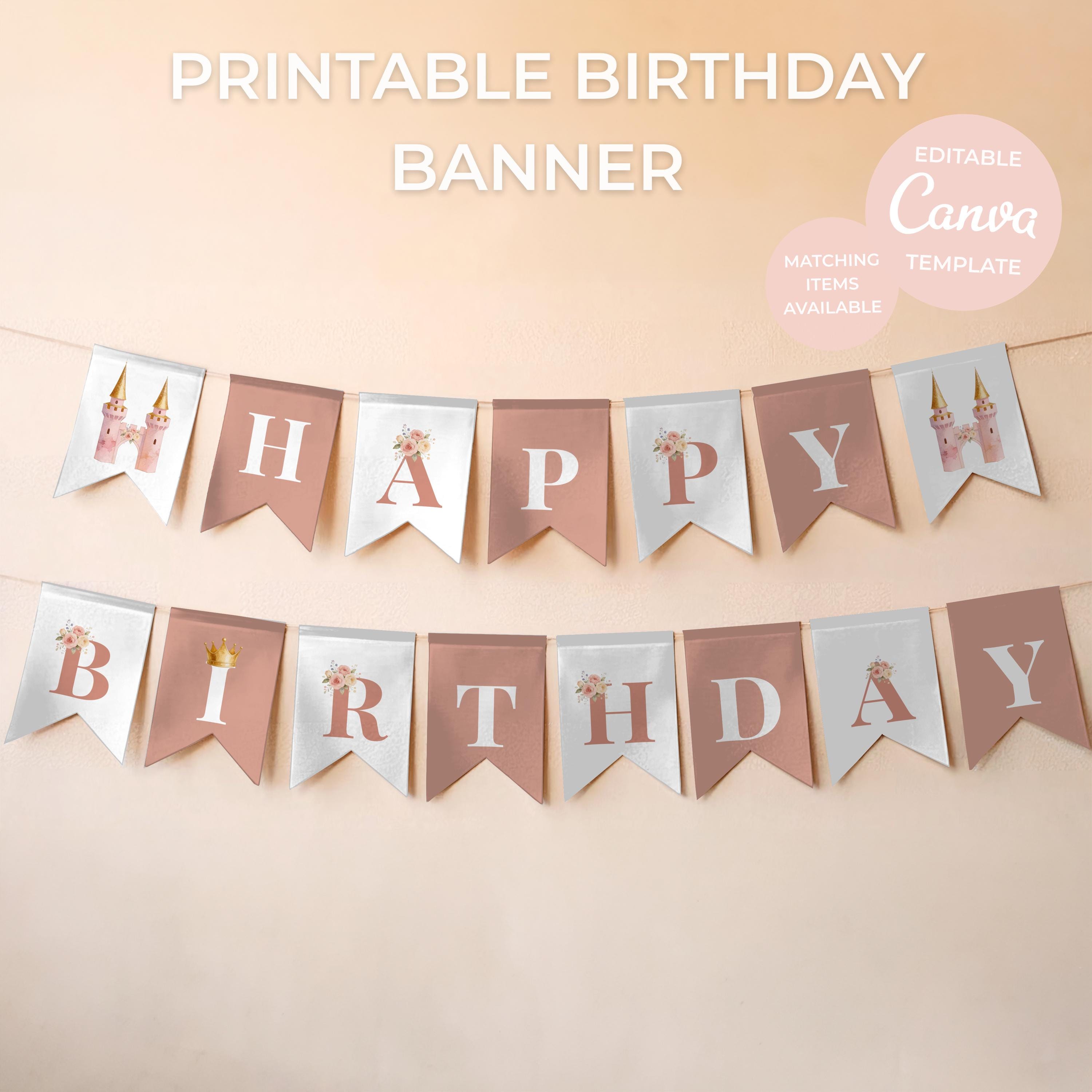 Printable princess birthday banner template with pink and blush watercolor castle flags spelling Happy Birthday, editable Canva party decoration