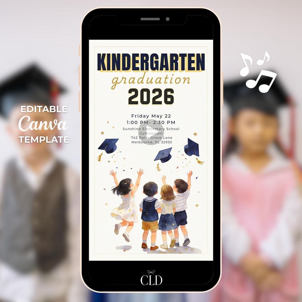 Animated kindergarten graduation invitation shown on a phone screen featuring watercolor children tossing graduation caps in the air with navy, gold and white typography, editable Canva digital invite template.