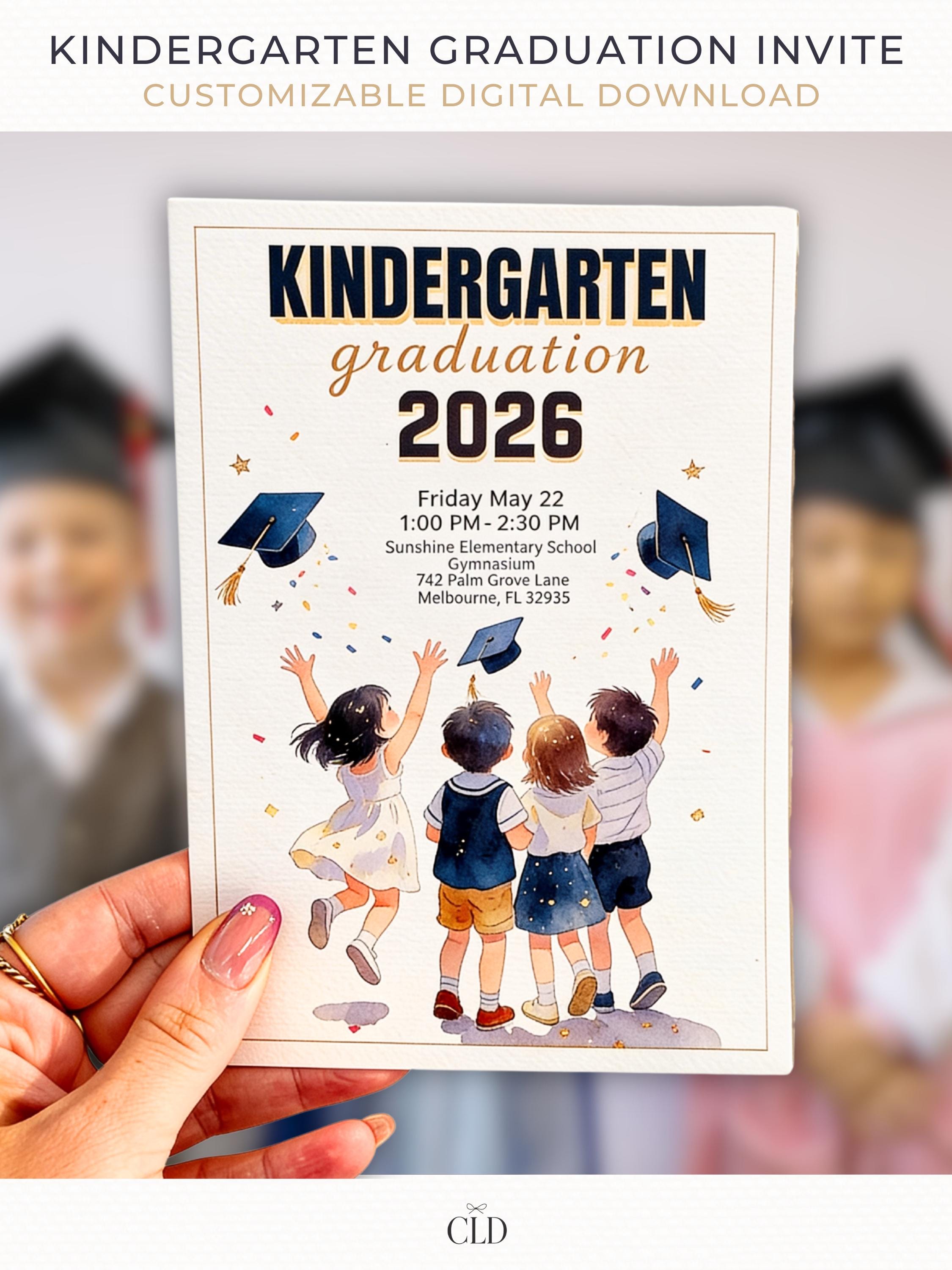 Printable kindergarten graduation invitation held in hand featuring watercolor children tossing graduation caps with navy blue and gold typography, editable Canva 5x7 graduation invite template.
