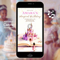 Animated princess birthday invitation video displayed on a phone showing a storybook opening to reveal a pink castle and a little princess walking toward it, magical fairytale themed digital birthday invitation.
