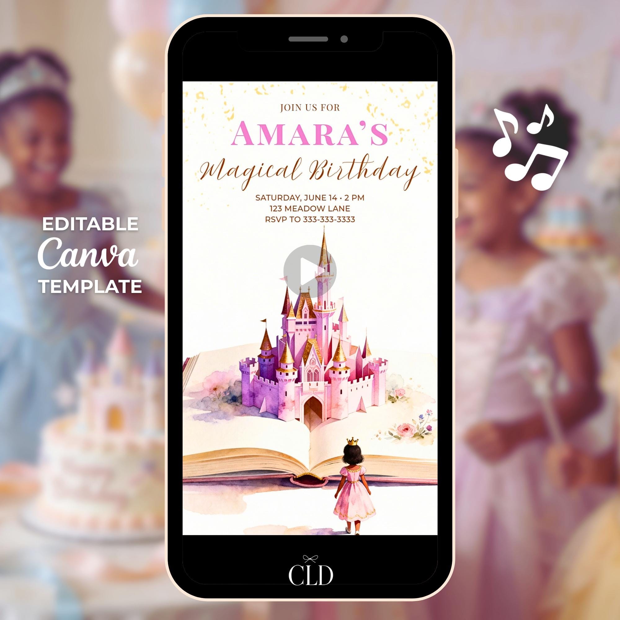 Animated princess birthday invitation video displayed on a phone showing a storybook opening to reveal a pink castle and a little princess walking toward it, magical fairytale themed digital birthday invitation.