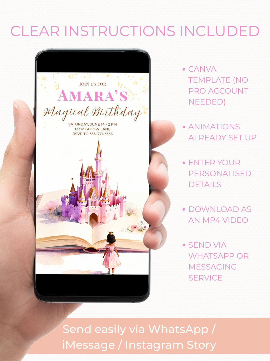 Animated Princess Birthday Invitation Video Dark Haired - Storybook Magical Castle Party Evite (Editable Canva Digital Template Invite)