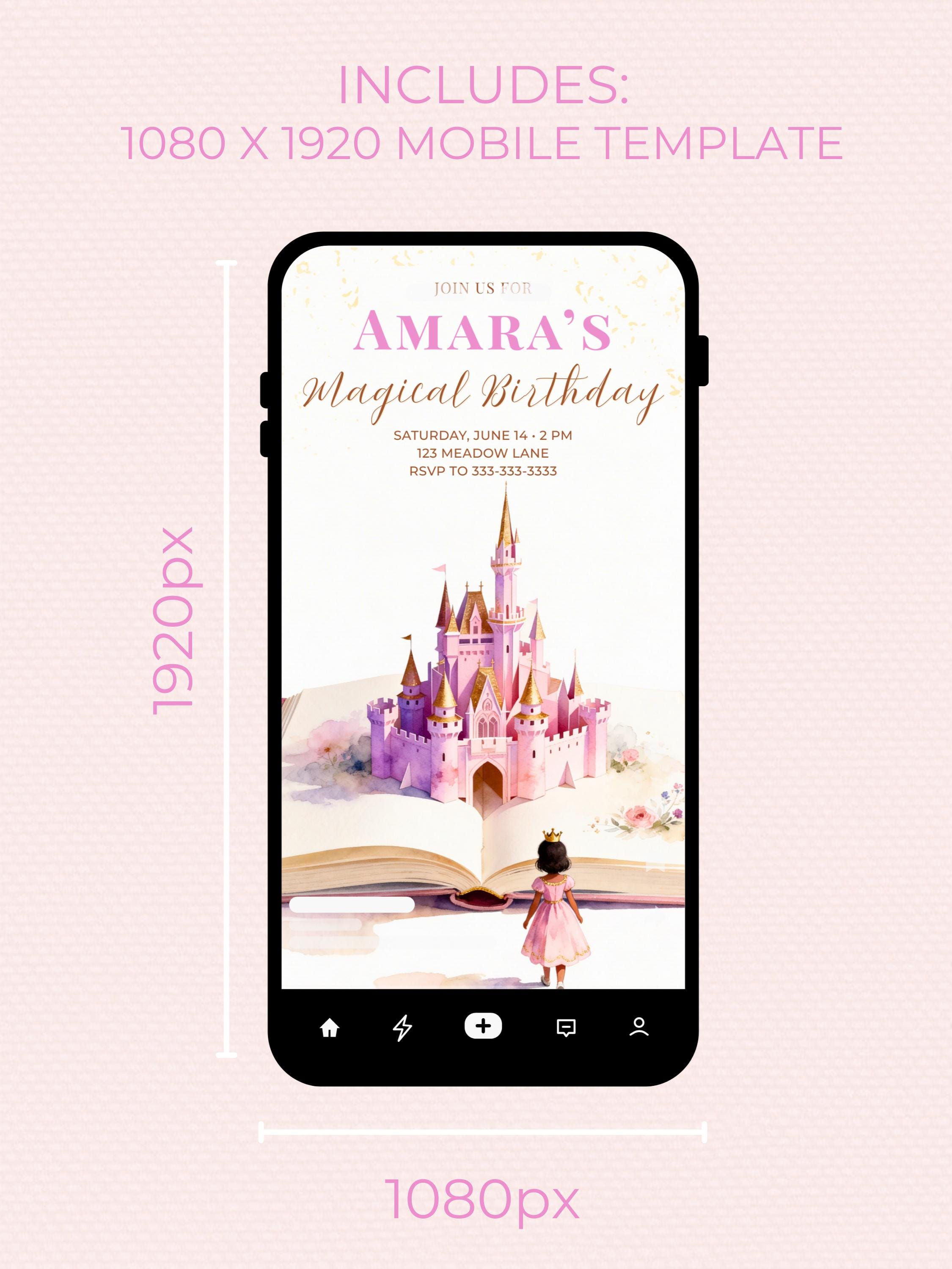Printable Princess Birthday Invitation Dark Haired Girl - Storybook Magical Castle Party Evite (Editable Canva Digital Template Invite)