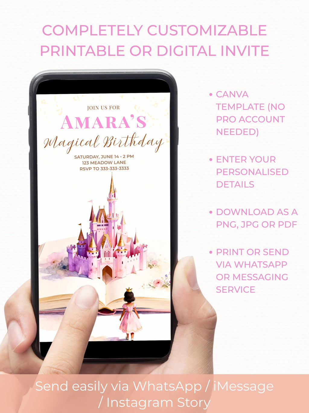 Printable Princess Birthday Invitation Dark Haired Girl - Storybook Magical Castle Party Evite (Editable Canva Digital Template Invite)