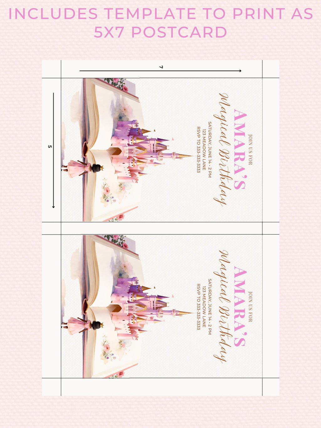 Printable Princess Birthday Invitation Dark Haired Girl - Storybook Magical Castle Party Evite (Editable Canva Digital Template Invite)
