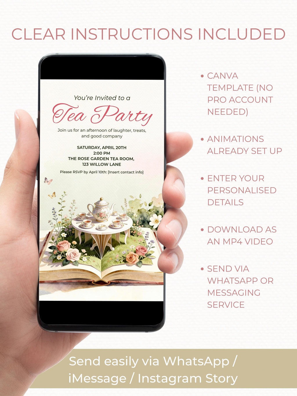 Animated Tea Party Invitation Video - Storybook Afternoon/High Brunch Garden Evite (Editable Canva Digital Template Birthday Invite)