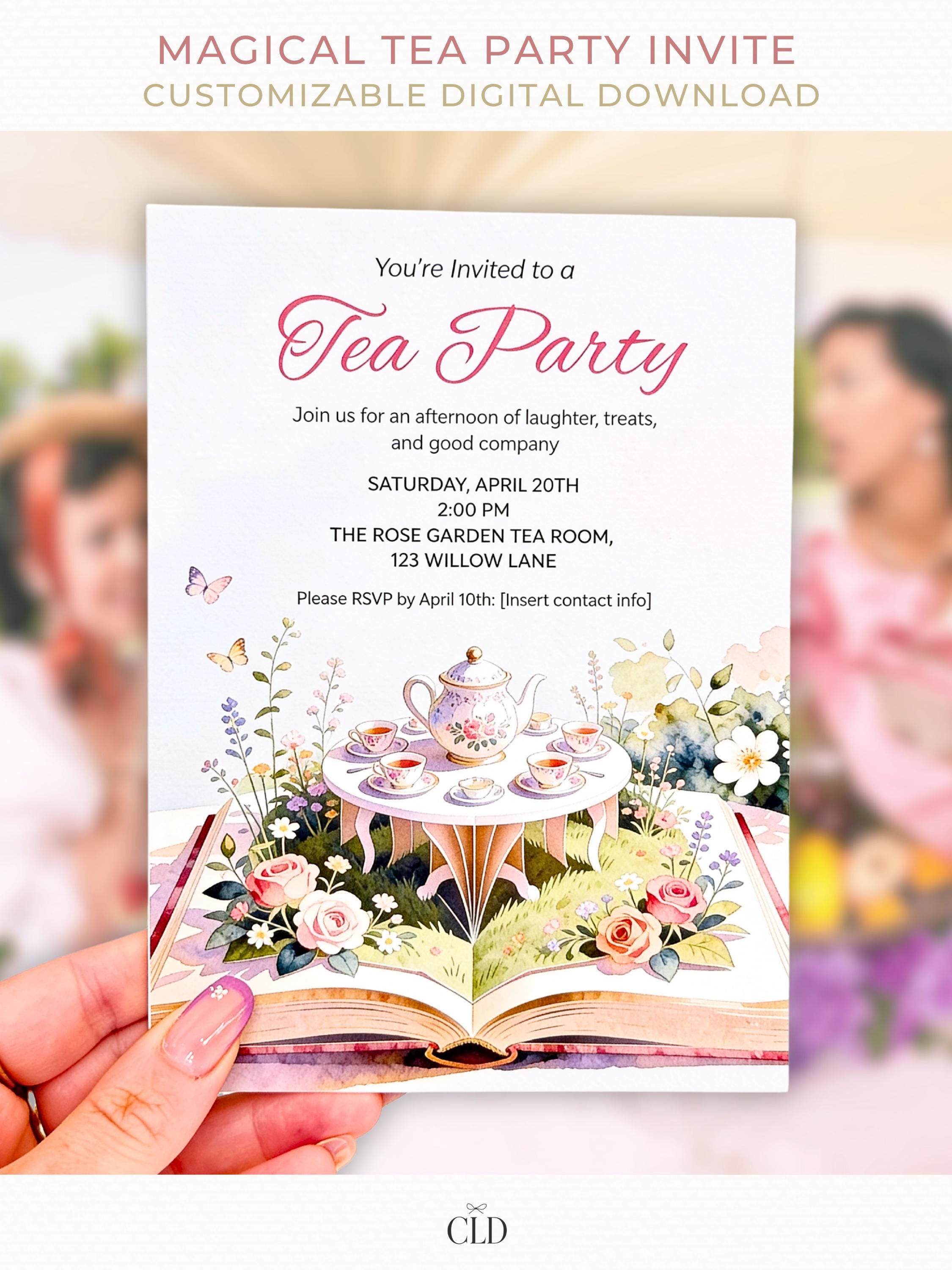 Printable tea party birthday invitation template featuring a watercolor tea set and flowers on an open storybook, editable in Canva and designed for a 5x7 card.