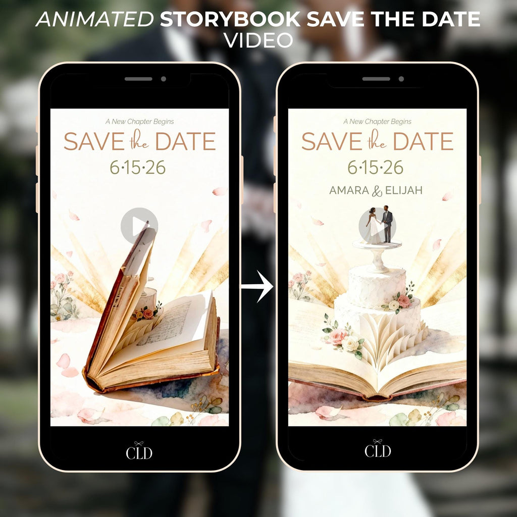Animated Storybook Save the Date Video, Wedding Cake Reveal Evite (Editable Canva Template Romantic Digital Invitation)