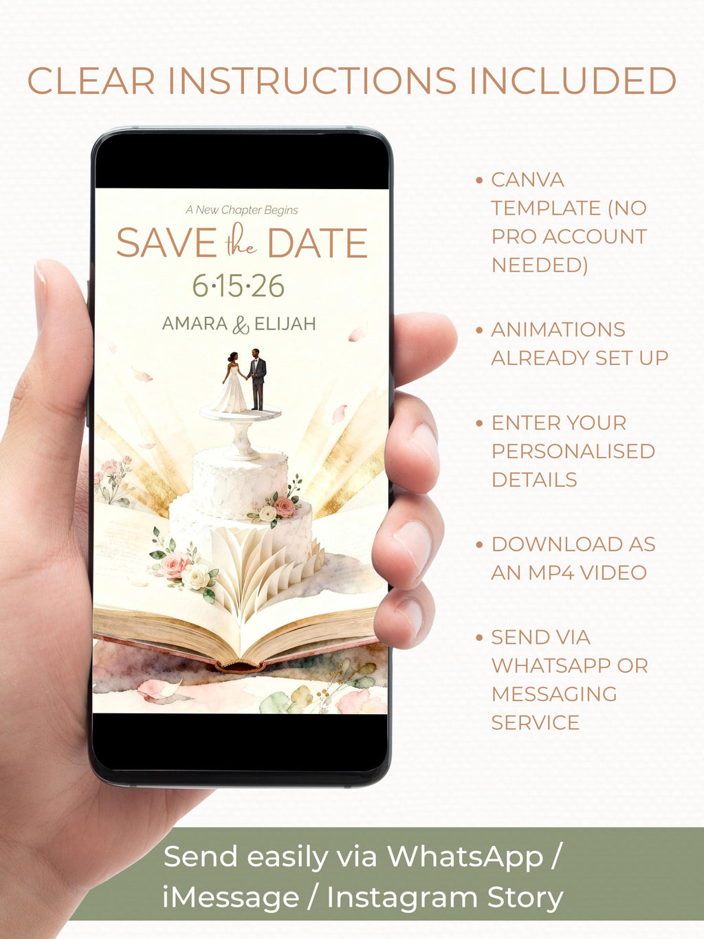Animated Storybook Save the Date Video, Wedding Cake Reveal Evite (Editable Canva Template Romantic Digital Invitation)