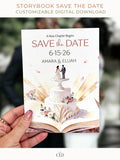 Printable storybook save the date wedding invitation featuring a bride and groom cake topper on a wedding cake emerging from an open book with watercolor flowers and golden light.