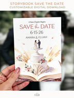 Printable storybook save the date wedding invitation featuring a bride and groom cake topper on a wedding cake emerging from an open book with watercolor flowers and golden light.