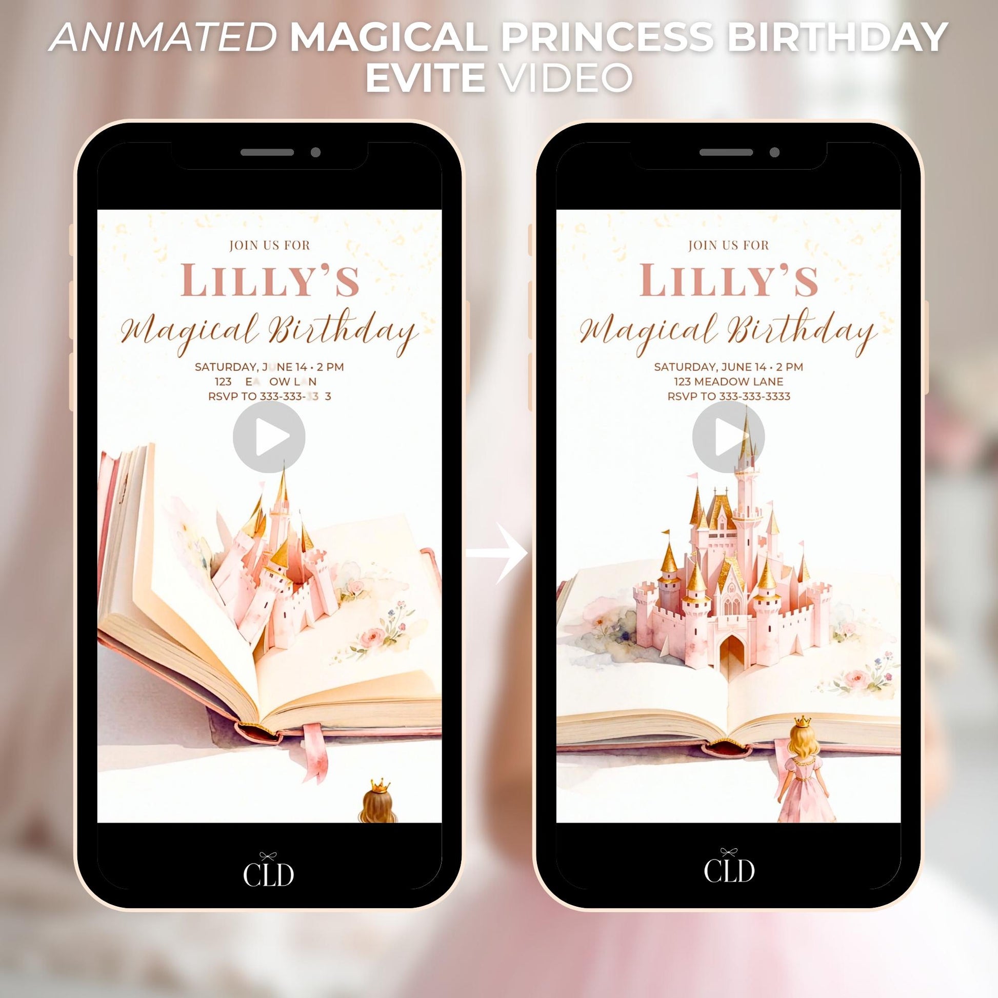 Animated Blonde Princess Birthday Evite - Custom Storybook Castle Video Invitation - Magical Girl Digital Invite Canva Template