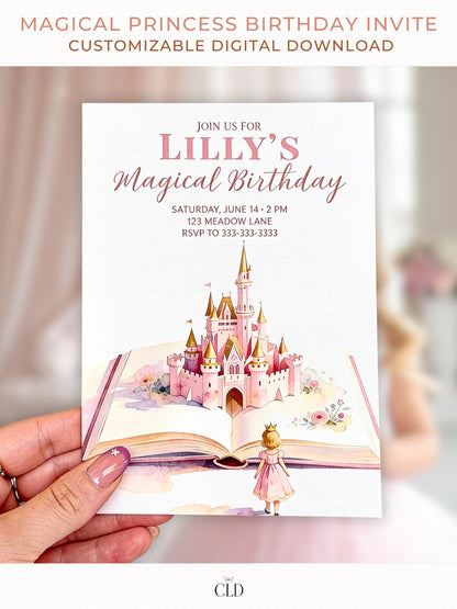 Printable princess birthday invitation, showing a blonde princess looking toward a pink castle rising from an open storybook, editable Canva digital evite template.