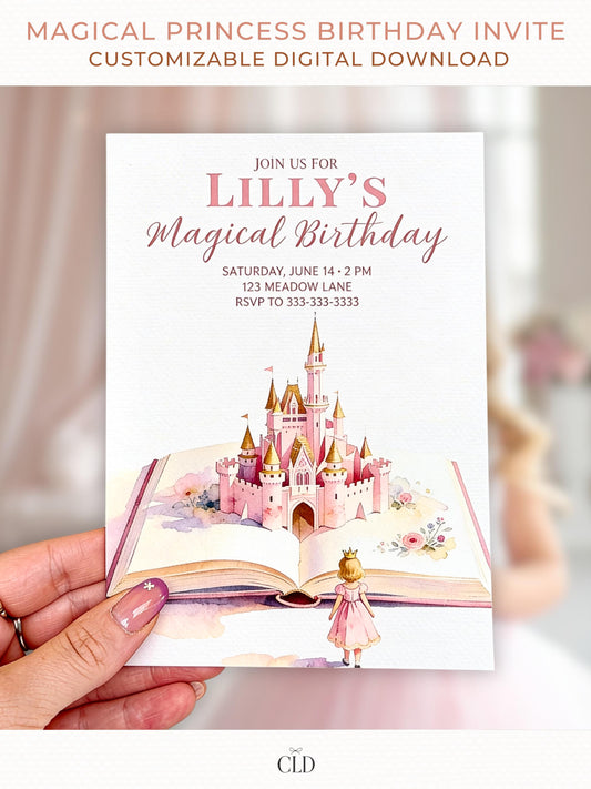 Printable princess birthday invitation, showing a blonde princess looking toward a pink castle rising from an open storybook, editable Canva digital evite template.