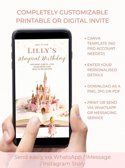 Printable Blonde Princess Birthday Invitation - Custom Storybook Castle Girls Party Invite (Instant Download Editable Canva Template)