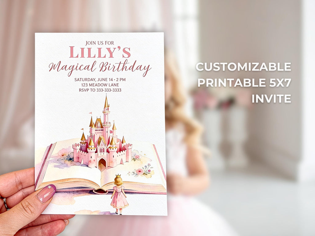 Princess Birthday Party Bundle Canva Template - Animated Evite, Printable Invitation, Welcome Sign, Banner & Thank You Card