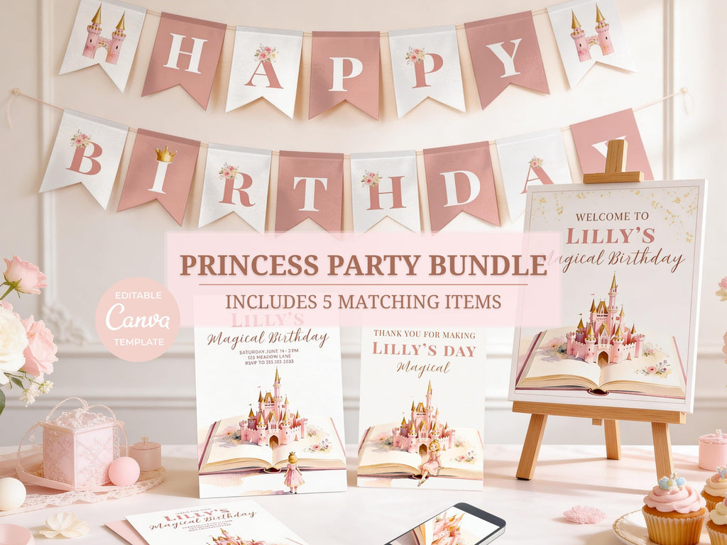 Princess birthday party bundle Canva template with banner decorations, welcome sign, printable invitation, thank you card and animated mobile evite displayed in a soft pink princess party setup